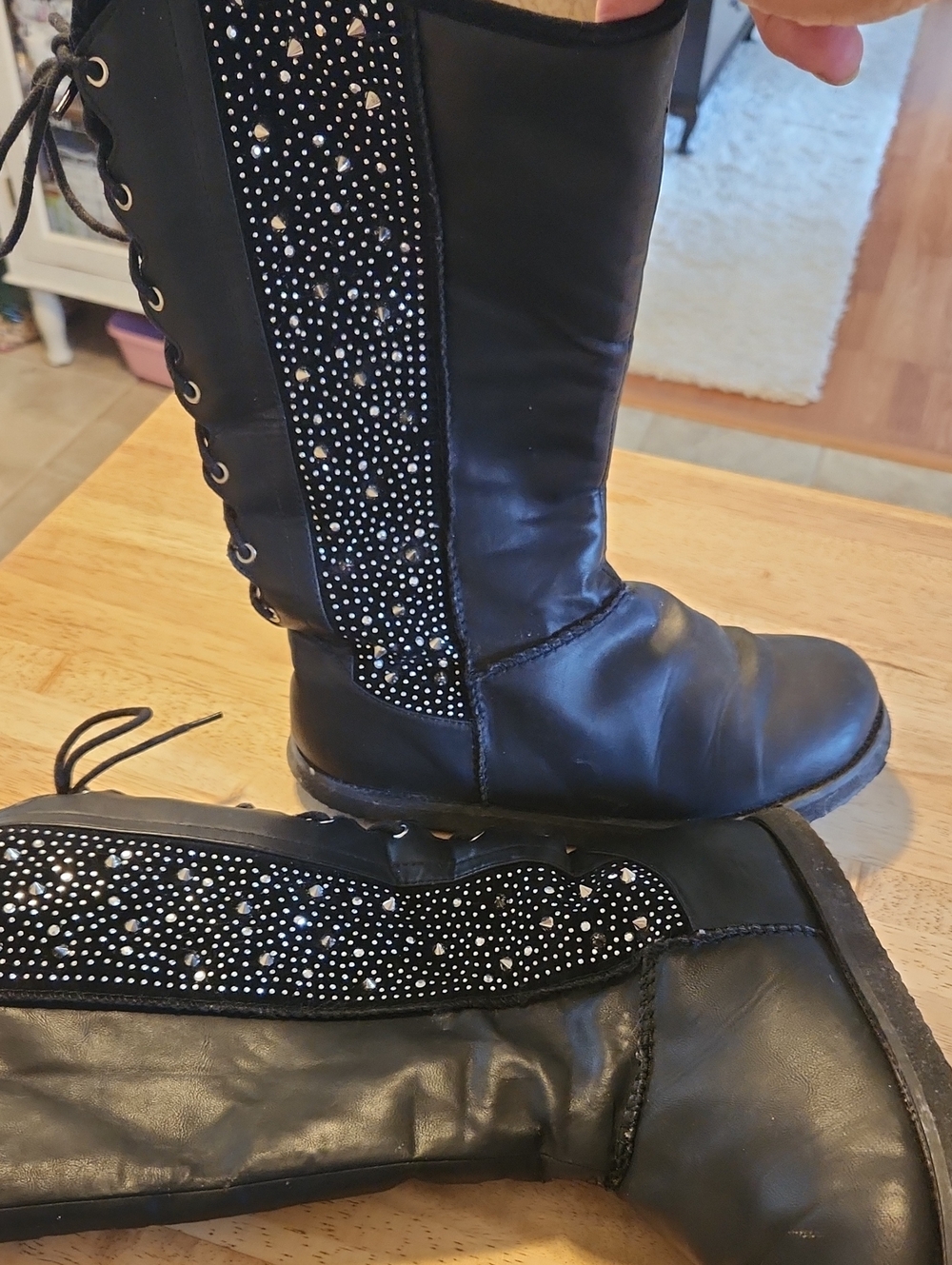 Black Studded Lace-Up Women's Mid-Calf Boots